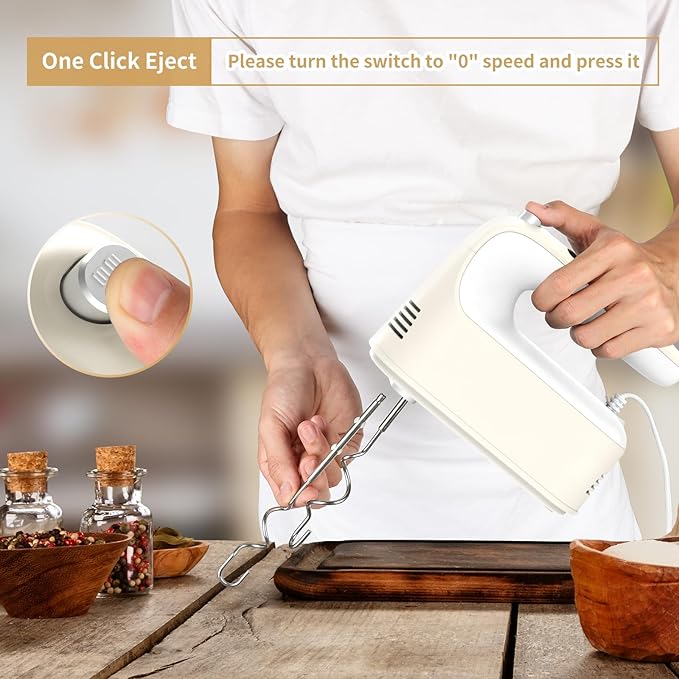 9-Speed Digital Hand Mixer Electric, 400W Powerful DC Motor, Hand Mixer Electric Handheld with Snap-On Storage Case, 5 Stainless Steel Accessories, Beaters, Dough Hooks, Whisk(Cream White)