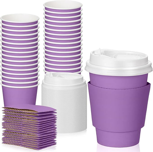 Patelai 48 Pcs 12 oz Disposable Coffee Cups with Lids and Sleeves Bulk, Insulated Hot Chocolate Paper Cup for Hot and Cold Beverage Water Juice Cocoa Tea Party Restaurants Travel Supplies (Purple)