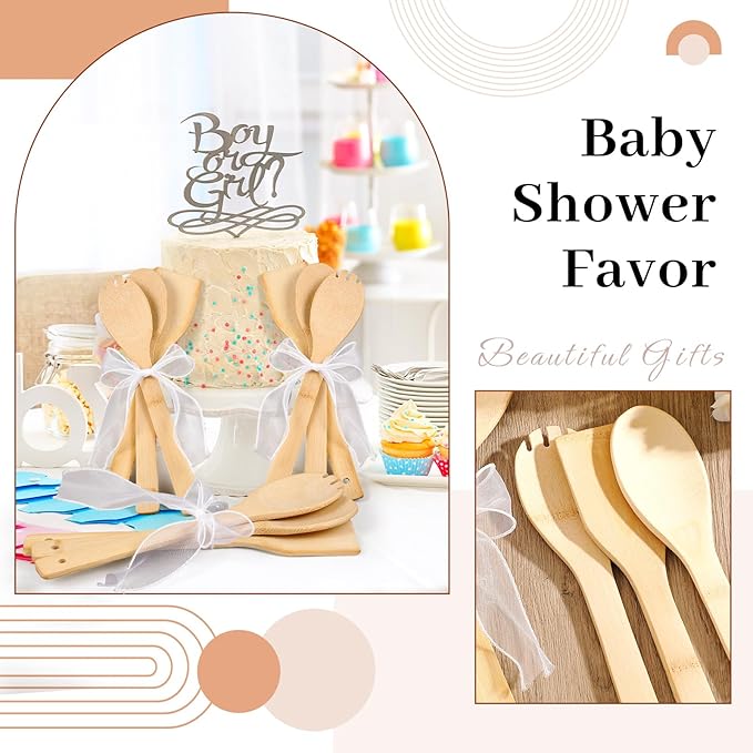 72 Pcs Bamboo Spatula Wooden Kitchen Utensil Bulk 12''wood Spoon Spatula for Cooking with Ribbon Bridal Baby Shower Game Prize Wedding Party Favors Housewarming Gift (Various Style)