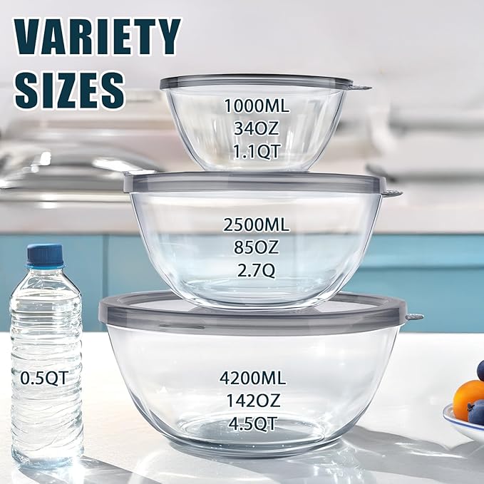 Glass Mixing Bowls with Lids Set(4.5QT, 2.7QT, 1.1QT),Glass Bowls with Lids Large Mixing Bowl Salad Bowls Space-Saving Nesting bowls Serving bowls Storage Container for Cooking,Baking,Prepping