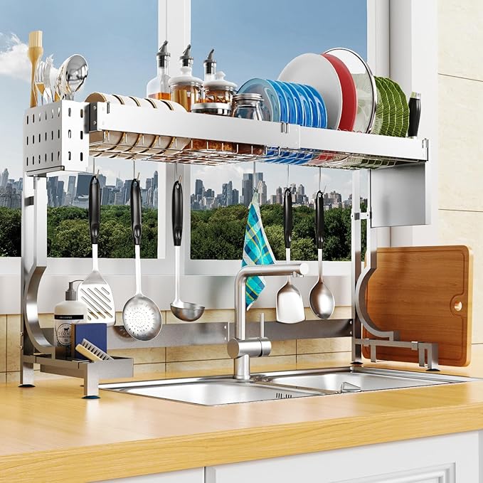 MINGLING Over Sink Dish Drying Rack Kitchen Dish Rack Over Sink Height & Width Adjustable Large Over Sink Dish Drainer Rack Full Stainless Steel (W21.2-37"~ H18.5-22" Silver)