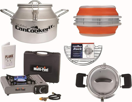CanCooker Camping Cookware Outdoorsman Kit | Portable Multifuel Stove, Steam CanCooker Jr, Pot Rack, 9 x 19 Plank, & Black Handle Covers