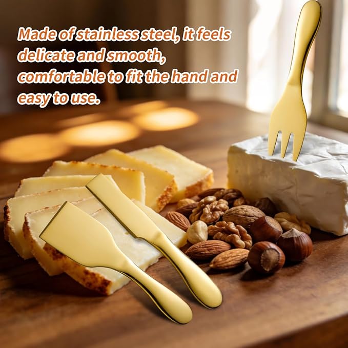 Gold Butter Knives Set 7 Pieces Stainless Steel Kitchen Utensils Gadgets includeButter Knife,Cheese Spreader,Cheese Forks, Cheese Slicer,Cheese Cutter,Cheese Knife,