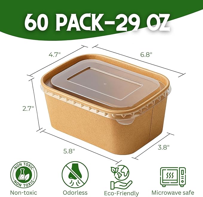 60 Pack 29 oz Kraft Paper Disposable Meal Prep Containers with Lids and Sporks - Microwavable, Freezer Safe and Leakproof Disposable Food Containers Bowls for Lunch Snack Soup Salad Storage