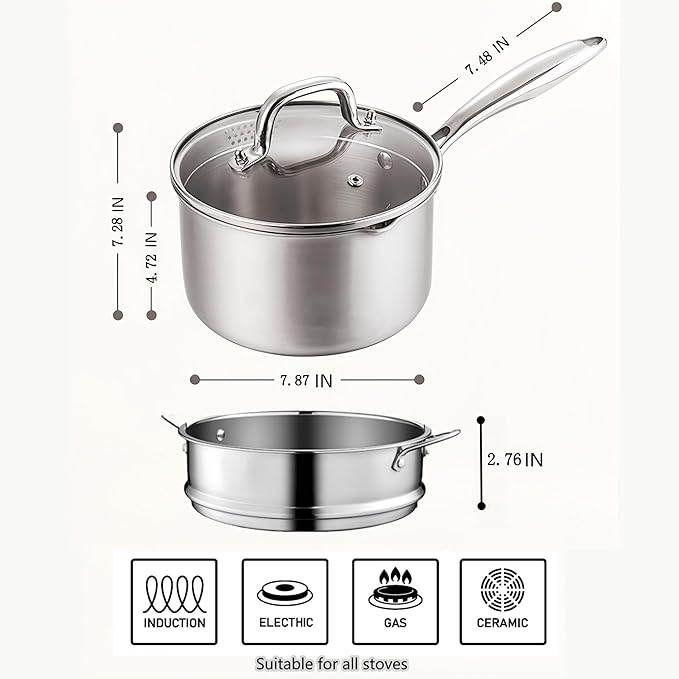 KANGXW 4.0 Quart Stainless Steel Saucepan With steamer,With Pour Spout and Filter Glass Lid Milk Pan, Sauce, Gravy, Pasta Stock Pot For All Stovetops