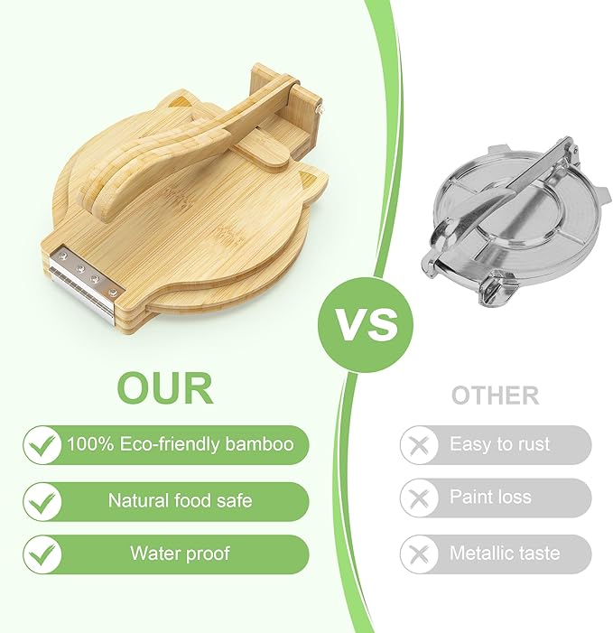 Tortilla Press 10 Inch - Bamboo Quesadilla & Roti Maker with Parchment Paper Sheets & Dough Cutter for Homemade Flour Corn Tortilla, Wood Tortillera Pataconera Tortilla Maker for Home Baking