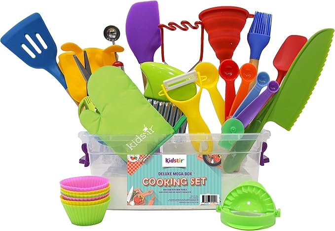 Kidstir Mega Cooking Set - Real Kitchen Tools Baking Set for Kids with Storage Bin [Actual Kitchen Utensils May Vary] Best Gift for Kids Girls & Boys Ages 5 and Up