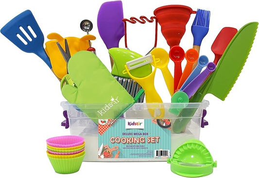 Kidstir Mega Cooking Set - Real Kitchen Tools Baking Set for Kids with Storage Bin [Actual Kitchen Utensils May Vary] Best Gift for Kids Girls & Boys Ages 5 and Up
