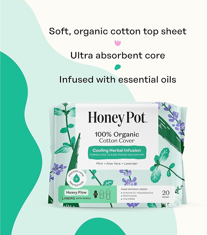 The Honey Pot Company - 80ct - Herbal Panty Liners for Women - Heavy Flow w/Wings - Infused w/Essential Oils for Cooling Effect & Organic Cotton Cover - Feminine Care