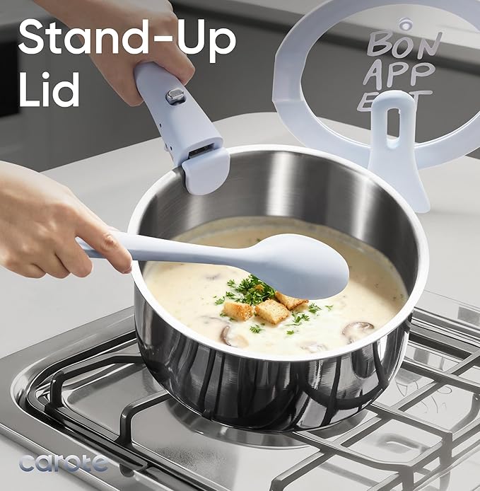 CAROTE 3QT Stainless Steel Sauce Pan with Stand-Up Lid, Tri-ply Stainless Steel Pot with Detachable Stay-Cool Handle, Non-Toxic Kitchen Saucepans, Induction Kitchen Cookware, Oven Safe to 600°F