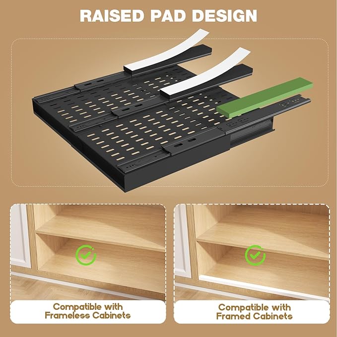 2 Pack Pull Out Cabinet Organizer With Raising Pad for Framed Cabinets,Expandable Width (13"-21") and Depth (17"-24"),3 Slide Rails Slide Out Drawers with Handle,No-Drill Roll Out Shelf,Black