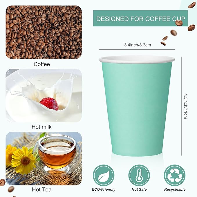 Patelai 48 Pcs 12 oz Disposable Coffee Cups with Lids and Sleeves Bulk, Insulated Hot Chocolate Paper Cup for Hot and Cold Beverage Water Juice Cocoa Tea Party Restaurants Travel Supplies (Green)