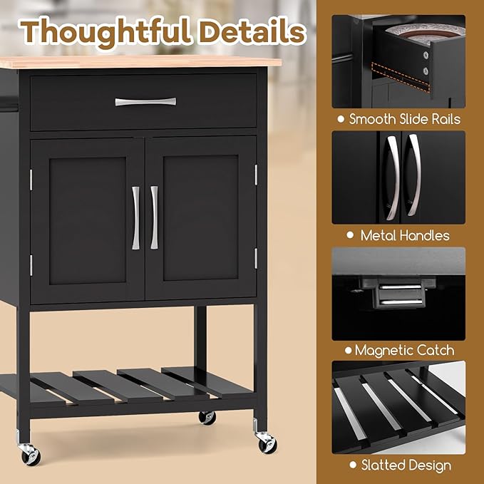 Giantex Rolling Kitchen Island Cart, Mobile Serving Cart with Drawer, 2-Door Storage Cabinet, Storage Shelf, Towel Rack, Food Prep Utility Cart on Wheels for Dining Room, Living Room (Black)