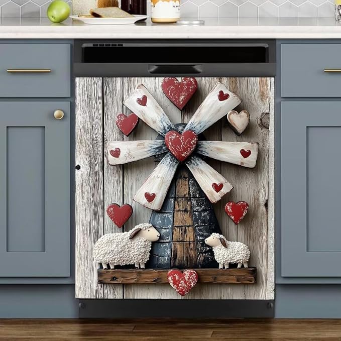 Dishwasher Magnet Cover, Rustic Farmhouse Windmill with Sheep and Hearts Refrigerator Magnetic Vinyl Sticker for Dishwasher Door, Decorative Kitchen Appliance Panel Decal, 23Wx26H Inches
