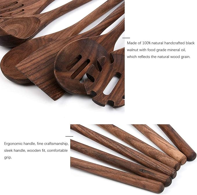 6 PCS Wooden Kitchen Utensils Set, Black Walnut Wood Long Handle Spoons and Spatula Set for Cooking, Heat Resistant Non-Stick Cookware