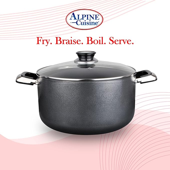 Alpine Cuisine 10 Quart Non-stick Stock Pot with Tempered Glass Lid and Carrying Handles, Multi-Purpose Cookware Aluminum Dutch Oven for Braising, Boiling, Stewing