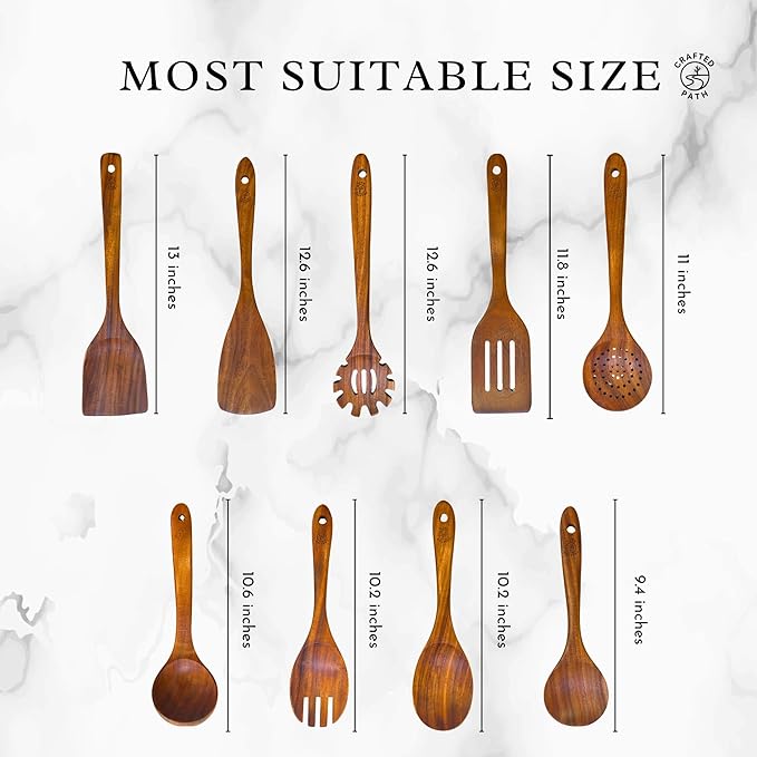 Teak Wooden Utensil Set (9-Piece) – Teak Cooking Utensils for Nonstick Cookware, Teak Wooden Spoons for Cooking & Spatula - Natural Wood Kitchen Utensils by Crafted Path