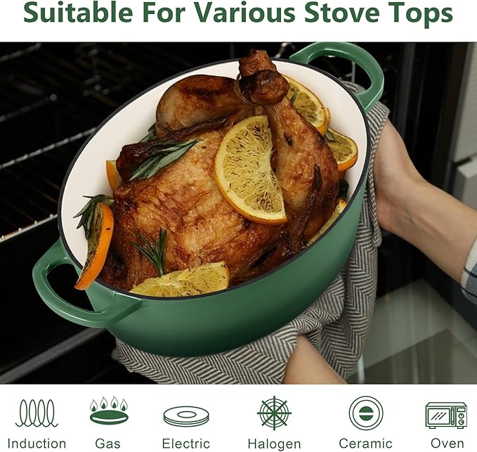 TeamFar 7QT Oval Dutch Oven, Enameled Cast Iron Dutch Oven Pot with Lid, For Bread Baking/Stewing/Braising/Frying, Suitable for Various Stoves, Non-stick & Easy Clean, Basil Green