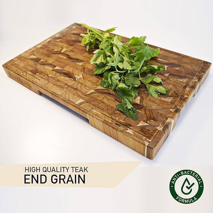 Teak Cutting Board - 15.7 x 10.2 Inch (ExtraThick 1.7") Premium Quality Butcher Block for Meat, Cheese, Charcuterie Board. Heavy Duty End Grain Wood Chopping Board with Handle (Oil & Plate Included)