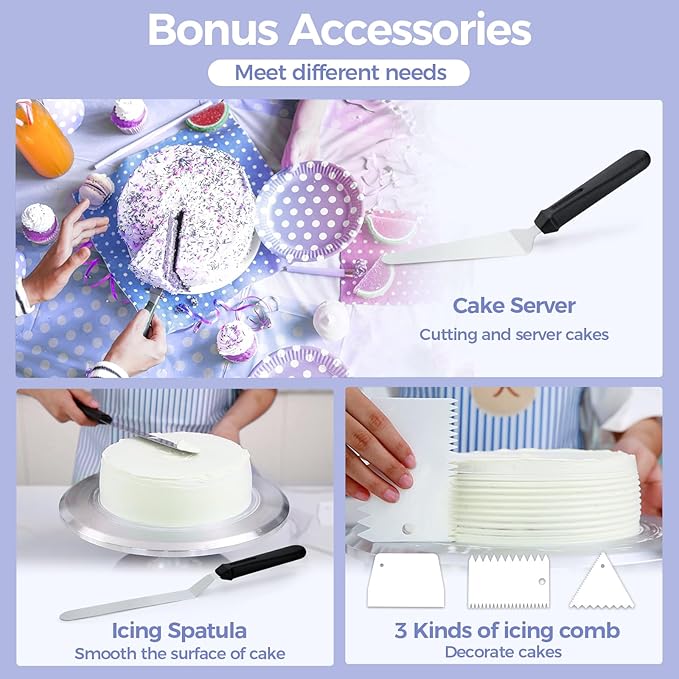 Cake Turntable, Ohuhu Aluminium 12'' Cake Decorating Kit Supplies Rotating Stand Revolving Spinner with 2 Icing Spatula 3 Comb Smoother Perfect Gifts
