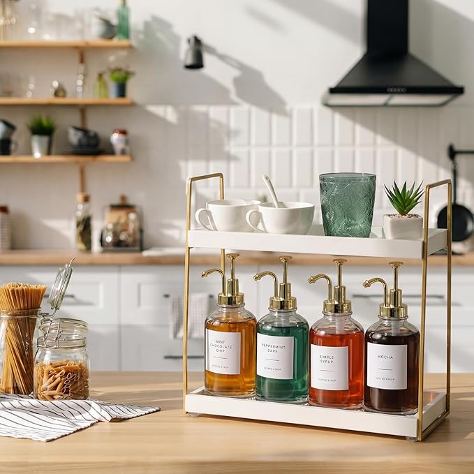Leinuosen Coffee Bar Accessories, 2 Tier Wooden Cup Organizer Station and 4 Coffee Syrup Dispenser, 16.9 oz 500ml Glass Syrup Dispenser with 36 Labels and 1 Silicone Funnel