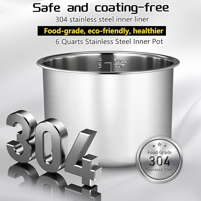 Upgraded Stainless Steel Inner Pot for Instant Pot 6 QT, Replacement Pot for Instant Pot 6 Quart, 304[18/8] stainless steel thickened design, 0 Coating, Non-Toxic (No Teflon). 3 Year Warranty.