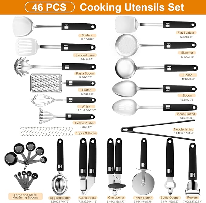 46Pcs Cooking Utensils Set - 18/10 Stainless Steel Kitchen Utensils Set, Complete Tools with Metal Kitchen Gadgets, Dishwasher Safe Spatula Set for Beginner Cooks, Apartment Dwellers, Homemakers