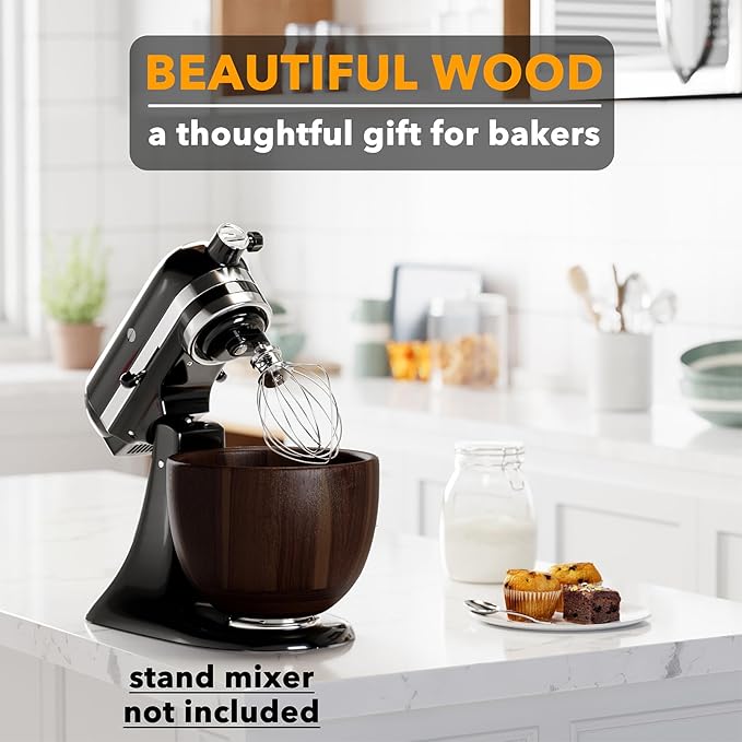 SpaceAid Wooden Bowl for Mixer - Kitchen Space Aid Acacia Wood Mixing Bowls Holder for Stand Mixer, Compatible with 4.5 & 5 QT Tilt-Head Models Kitchen, Dark Wood