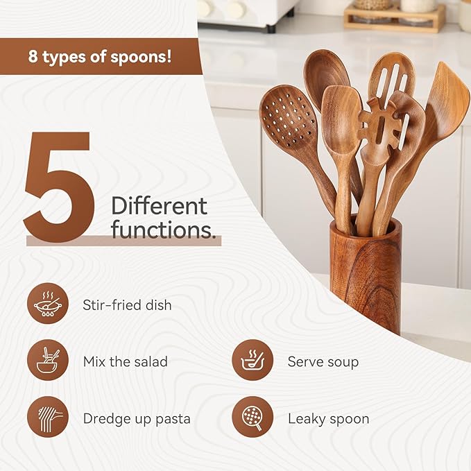 10Pcs Wooden Spoons for Cooking with Spoon Rest & Holder, 12inch Wooden Kitchen Utensil Set, Non stick, Non Scratch, Natural Teak Wooden Utensils for Cooking