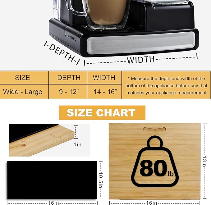 MinBoo Bamboo Appliance Slider,Sliding Tray for Coffee Maker, Kitchen Countertop Appliance Rolling Tray,Slides Easily from Under The Cabinet,Wide - Large (16" Wx13 D)