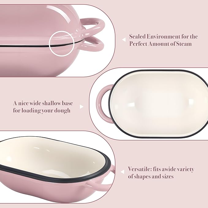 2 QT Oval Dutch Oven for Bread Baking, Enamelled Cast Iron Bread Oven for Sourdough, Sourdough Loaf Pan with Lid, Heavy-Duty Non Stick Bread Pan for Homemade Bread Baking, Pink