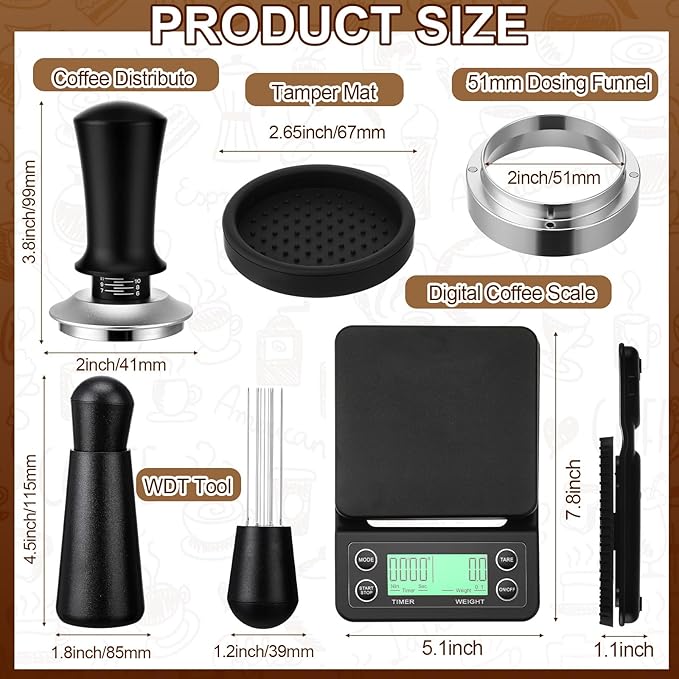 5 Pcs 53mm Espresso Accessories Kit, 3kg/0.1g Accurate Coffee Scale with Timer, Coffee Distributor Spring Loaded Calibrated Tamper WDT Tool and Dosing Funnel Set Fits 53mm Espresso Machines