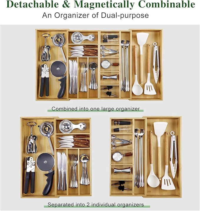 MH MYLUNE HOME Large Bamboo Expandable Drawer Organizer, Silverware Organizer for Drawers, 16 to 30 Inches Wide, 7-13 Slots, Kitchen Drawer Organizers for Utensils, Bamboo Wood Cutlery Organizers