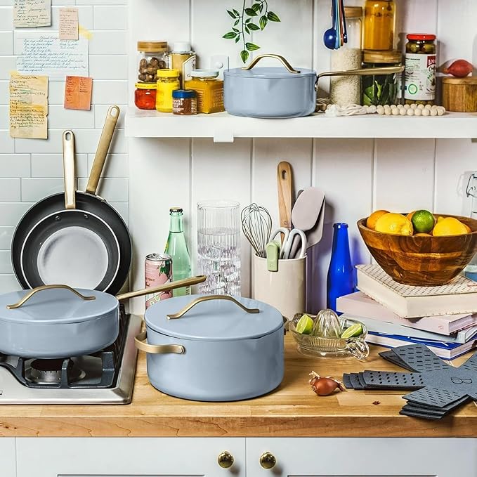 Pans12pc Ceramic Non-Stick Cookware Set by Drew Barrymore, Pots & Pans with Lids, Dishwasher‑Safe,Soft‑Touch Handles, Even‑Heat Base. (Cornflower Blue)