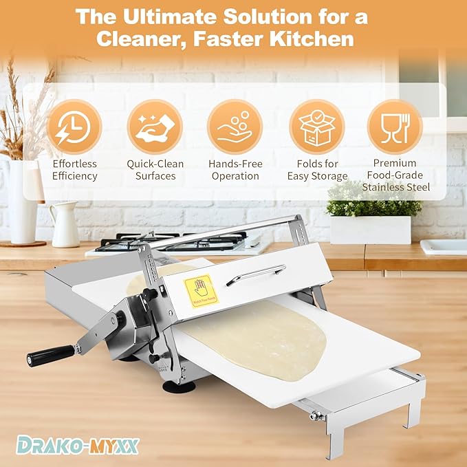15.5" Folding Dough Sheeter, Includes 35.4" x 15.8" Sheeter Board, Dough Mat (23.6" x 15.8"), 2 Pastry Brushs, 2 Scrapers, Wool Brush, Manual Dough Roller with 55 Thickness Settings, Stainless Steel
