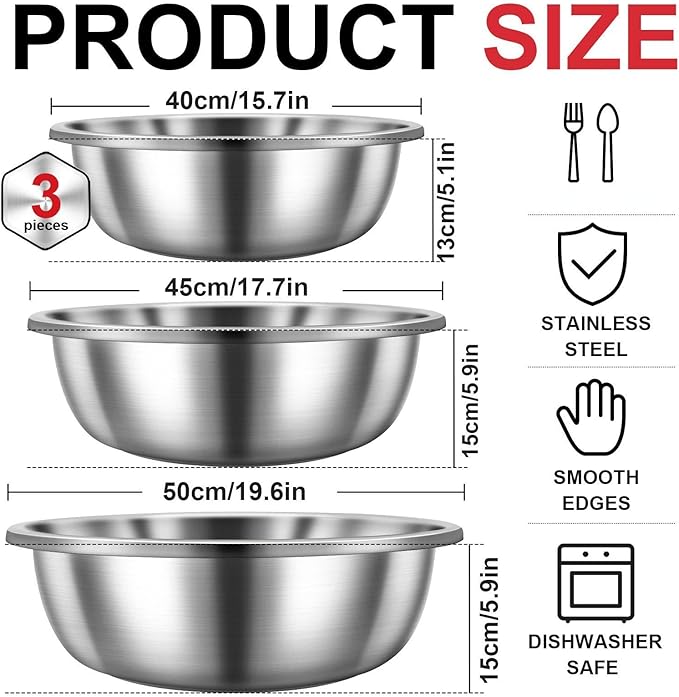 Domensi Set of 3 Extra Large Stainless Steel Mixing Bowls Large Mixing Container Easy to Clean, Nesting Bowls for Space Saving Storage for Cooking, Baking(201 Stainless Steel,13, 16, 20 Quart)