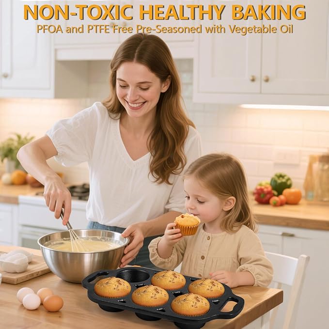 Pre-Seasoned Cast Iron Muffin Pan - 6-Cup Nonstick Cupcake Pan, 2 Piece Set