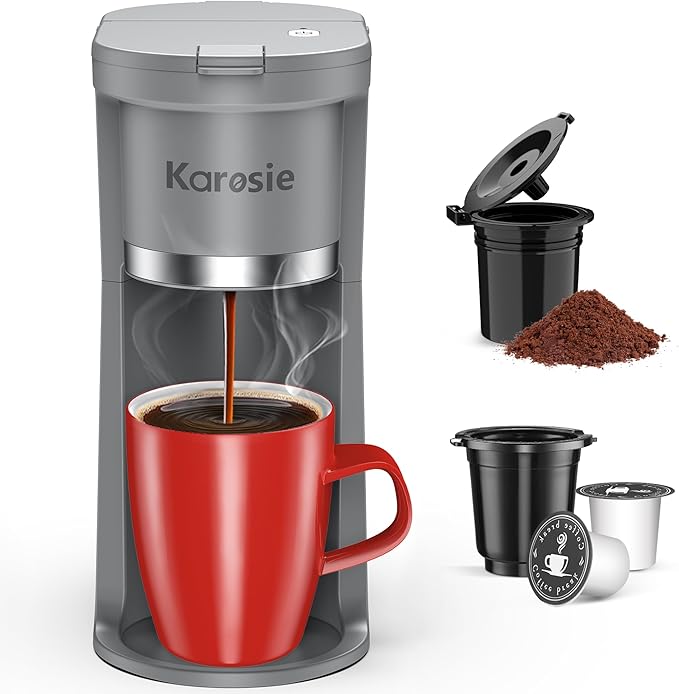 Small Single Serve Coffee Maker, Fast Brew for K-Cup & Ground Coffee, 6-12 Oz Brew Sizes, One-Button Single Cup Coffee Maker, Coffee Machine with Descaling Reminder,Grey