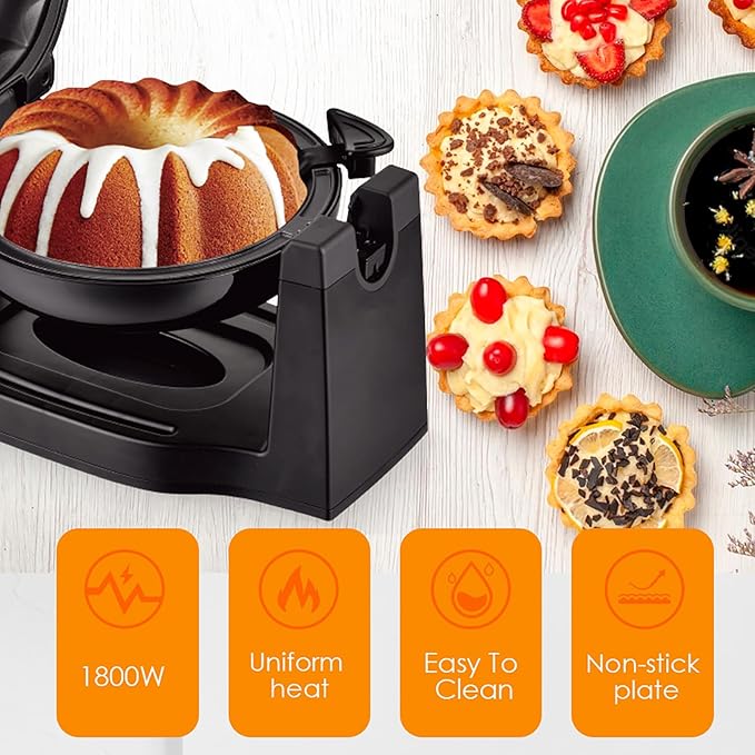 Toaster, 1800W Electric Rotating Lava Cake Maker, Automatic Constant Temperature, Uniform Heat, with Non-Slip Feet and Non-Stick Plate, for Home Kitchen and Commercial Use
