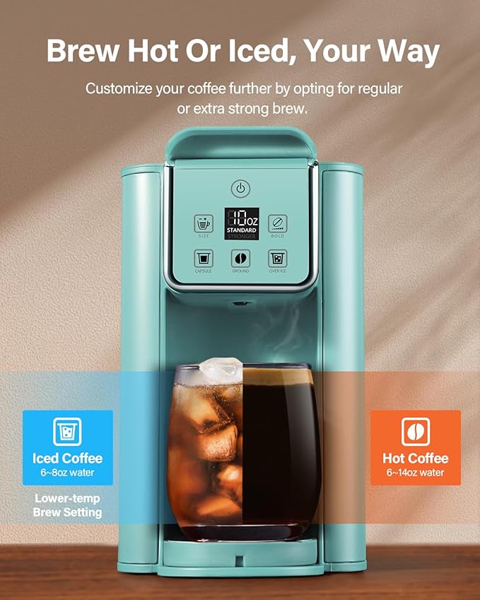 SHARDOR Single Serve Coffee Maker, Hot and Iced Coffee Machine for K Cup Pods & Ground Coffee, 6 to 14 oz Brew Sizes, 50 oz Removable Water Tank, Bold Brew Setting, Blue