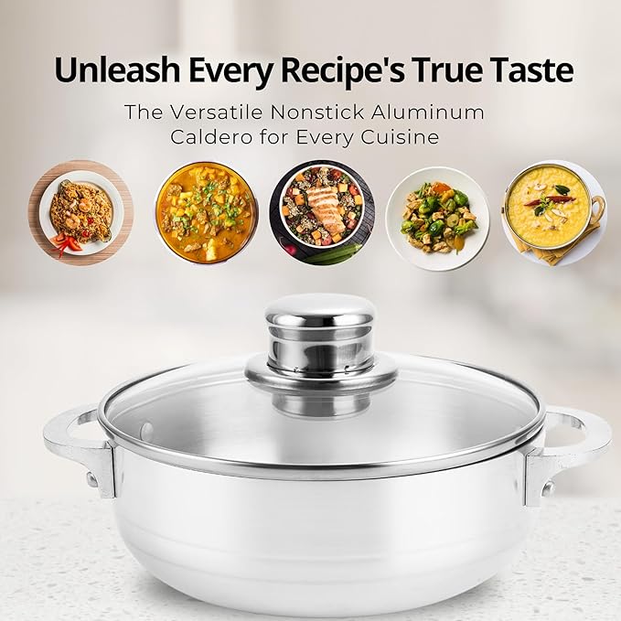 Alpine Cuisine Premium 8-Piece Nonstick Aluminum Caldero Set with Glass Lids Versatile Pots for Stews, Rice & Soups in 2,3.5,7,13 Quart Sizes