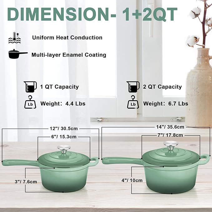 1 Qt & 2 Qt Saucepan Set, Leonyo Enameled Cast Iron Sauce Pan, Cast Iron Dutch Oven Kitchen Small Pots for All Cooktops Cooking Pasta, Milk, Oatmeal - Up to 500°F, Pistachio Green