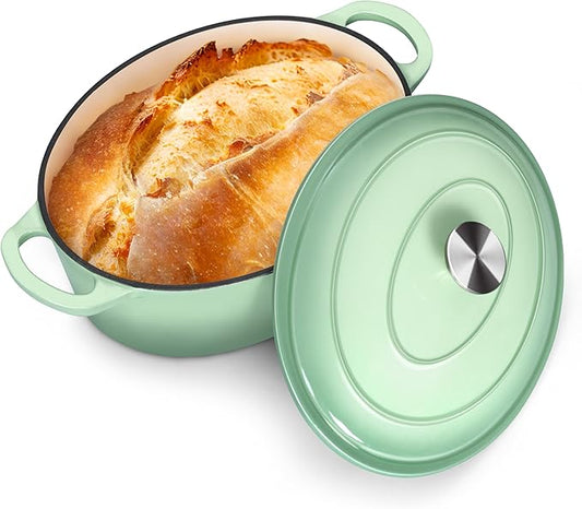 P&P CHEF Oval Dutch Oven with Lid, Enameled Cast Dutch Oven Pot for Bread Baking, Braising, Stewing, Roasting, Non-Stick & Oven Safe, Dual Handles & Easy Clean, 7QT & Pistachio Green, Valentine's Day