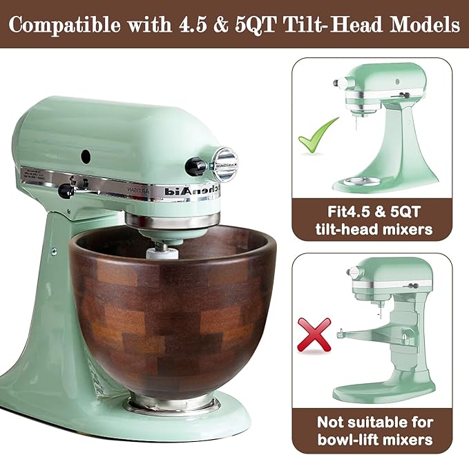 Acacia Wood Mixing Bowl Compatible with KitchenAid 4.5 & 5 QT Tilt-Head Models, Wooden Mixer Bowl for KitchenAid Stand Mixers