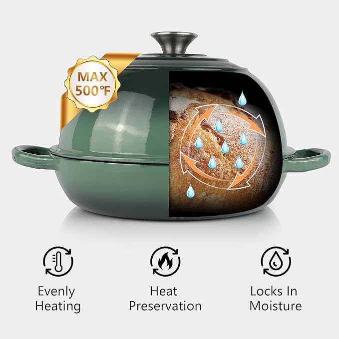 6QT Bread Dutch Oven Pot with Lid, Enameled Cast Iron Dutch Oven for Sourdough Bread Baking, Roasting, Stewing and Soup, Non-Stick Enamel Cookware for Oven/Stovetop, Perfect for Homemade Bread, Green