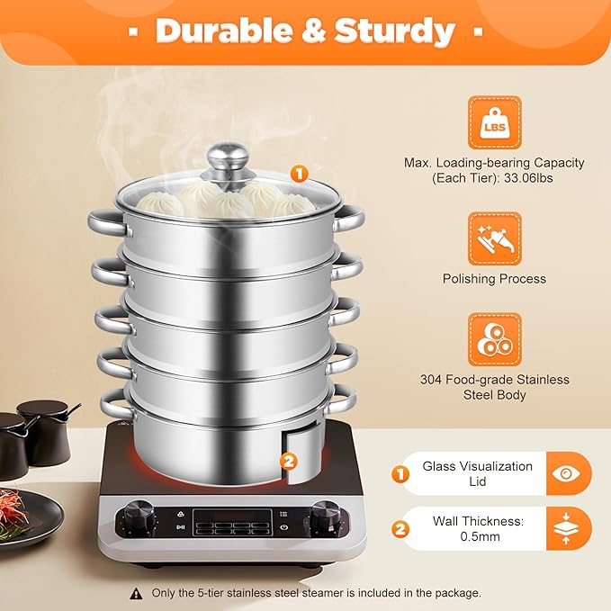 5-Tier Stainless Steel Steamer, Stainless Steel Steamer Basket Multi-Layer Cookware Steamer Pot Food Grade Steamer Pot with Glass Lid and Handles for Home Kitchen Restaurant Hotel (Silver B, 10inch)
