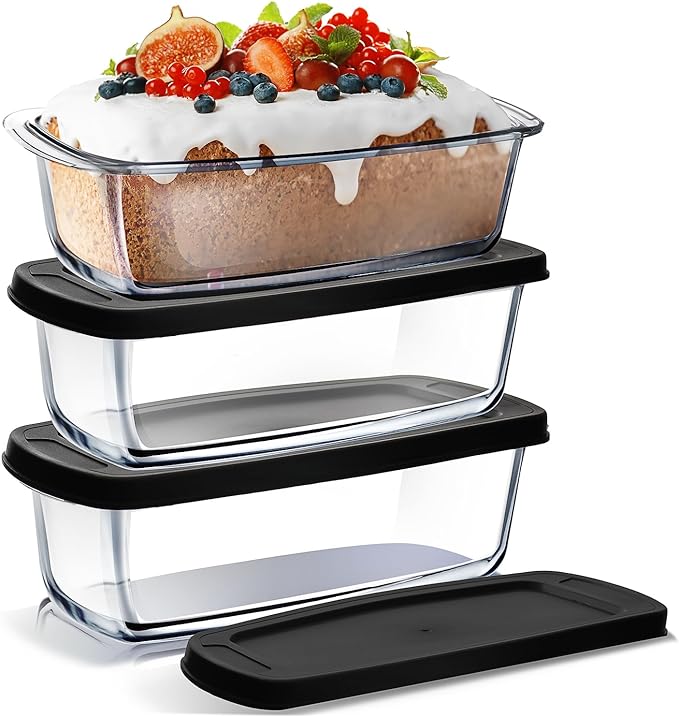Nestl Set of 3 Glass Bread Loaf Pans for Baking Bread Pans for Homemade Breads, Glass Food Storage Containers with Lids, Glass Baking Dishes for Oven, Pound Cake Pan, Loaf Pan, 1.9 Quart