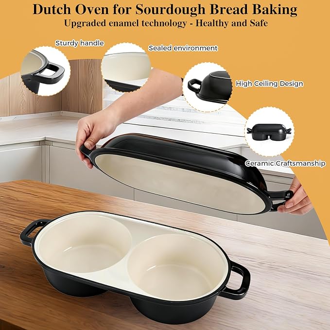 Double Dutch Oven for Sourdough Bread Baking, Enamelled Cast Iron Bread Loaf Pot with Lid, Double Round Loaf Space, 16.5cm Diameter, Mini Double Dutch Oven for Homemade Baking