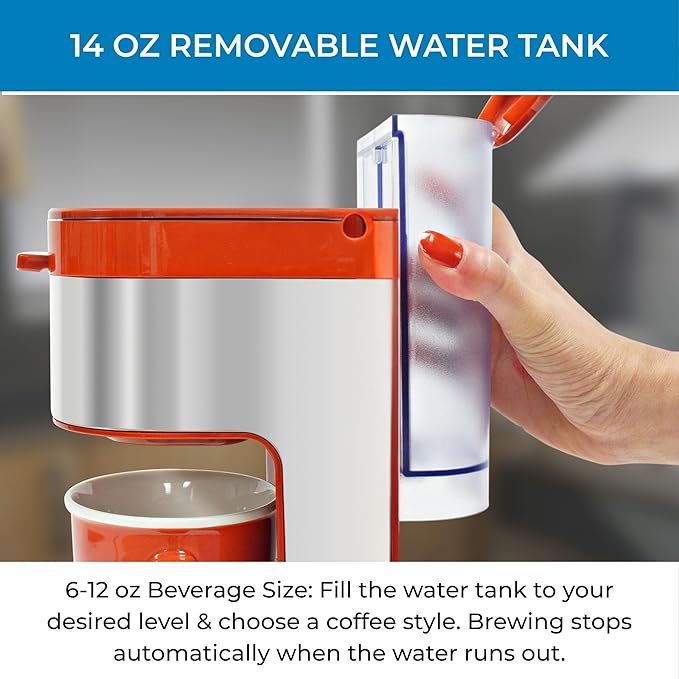 Kenmore Single Serve Coffee Maker – Compatible with Keurig K‑Cup Pods & Ground Coffee, One Cup Brewer, 6–14 Oz Brew Sizes, Travel Mug Friendly, Auto Shut‑Off, Hot & Iced Maquina de cafe, Red