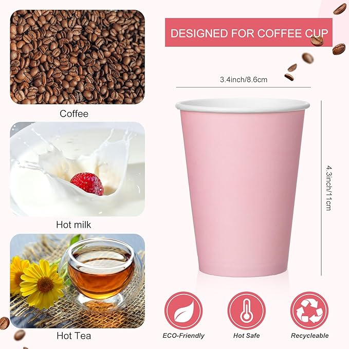 Patelai 48 Pcs 12 oz Disposable Coffee Cups with Lids and Sleeves Bulk, Insulated Hot Chocolate Paper Cup for Hot and Cold Beverage Water Juice Cocoa Tea Party Restaurants Travel Supplies (Pink)